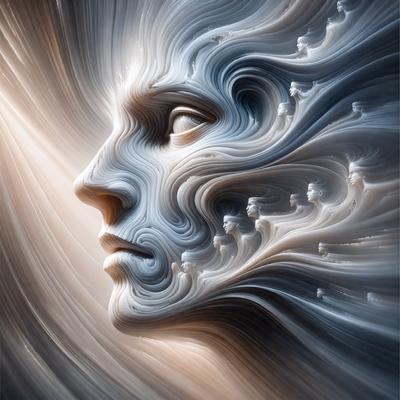 The primary subject of the image is a close-up of a human face, which appears to be a digital art or illustration. The face is surrounded by a swirling, flowing background that adds a sense of motion and depth to the image. The visual style of the image suggests that it is a creative and artistic representation of the human face, rather than a photograph or a real-life scene. The colors and mood of the image are predominantly dark and moody, with the flowing background providing a sense